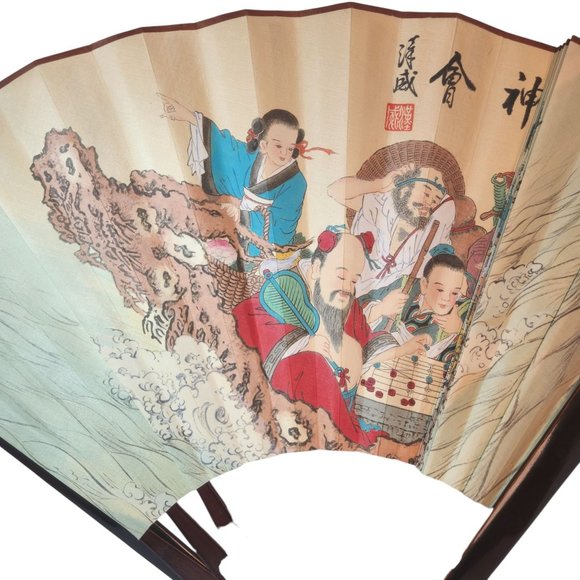 Japanese Folding Fan Ink Wash Pattern Silk 36" x 20" Spread - Picture 6 of 14